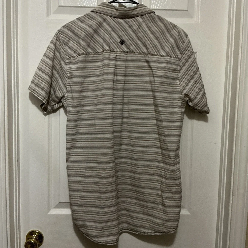 Prana Men's Button Up Short Sleeve‎ Shirt Stripes Large Neutral Tan Blue Cream